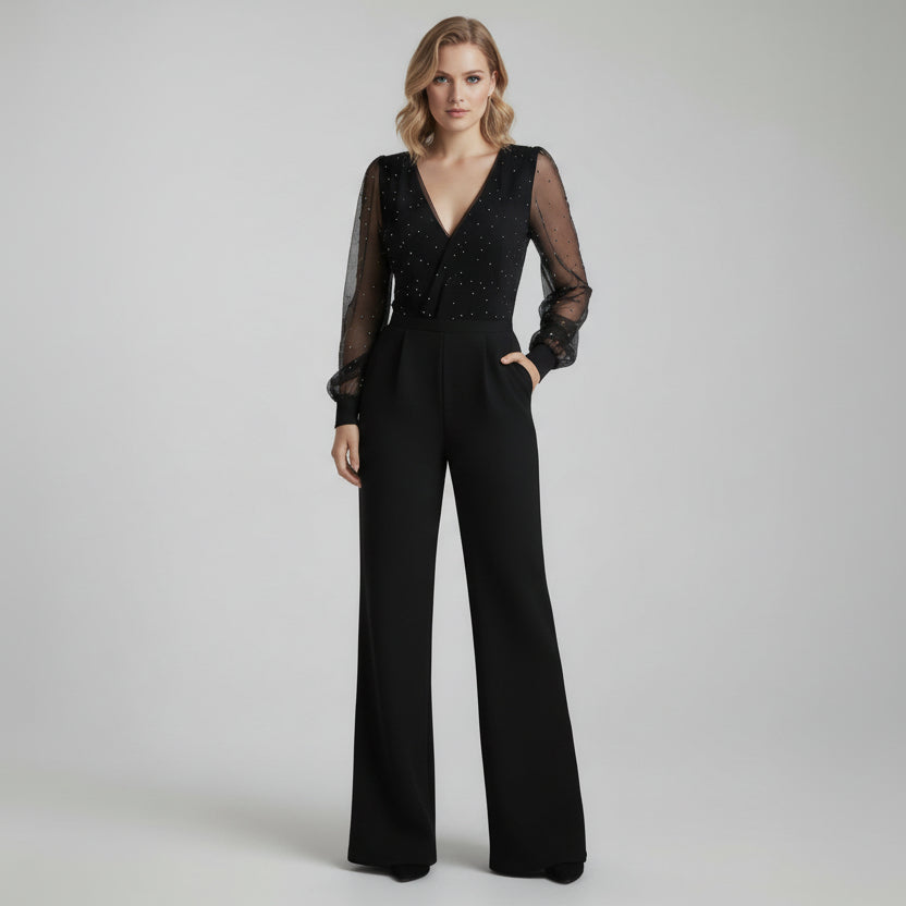 Jumpsuit für Damen mit V-Ausschnitt und langen Mesh-Ärmeln