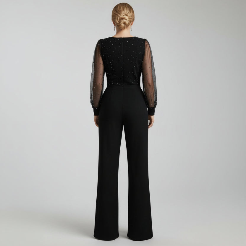Jumpsuit für Damen mit V-Ausschnitt und langen Mesh-Ärmeln