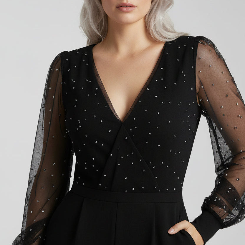 Jumpsuit für Damen mit V-Ausschnitt und langen Mesh-Ärmeln