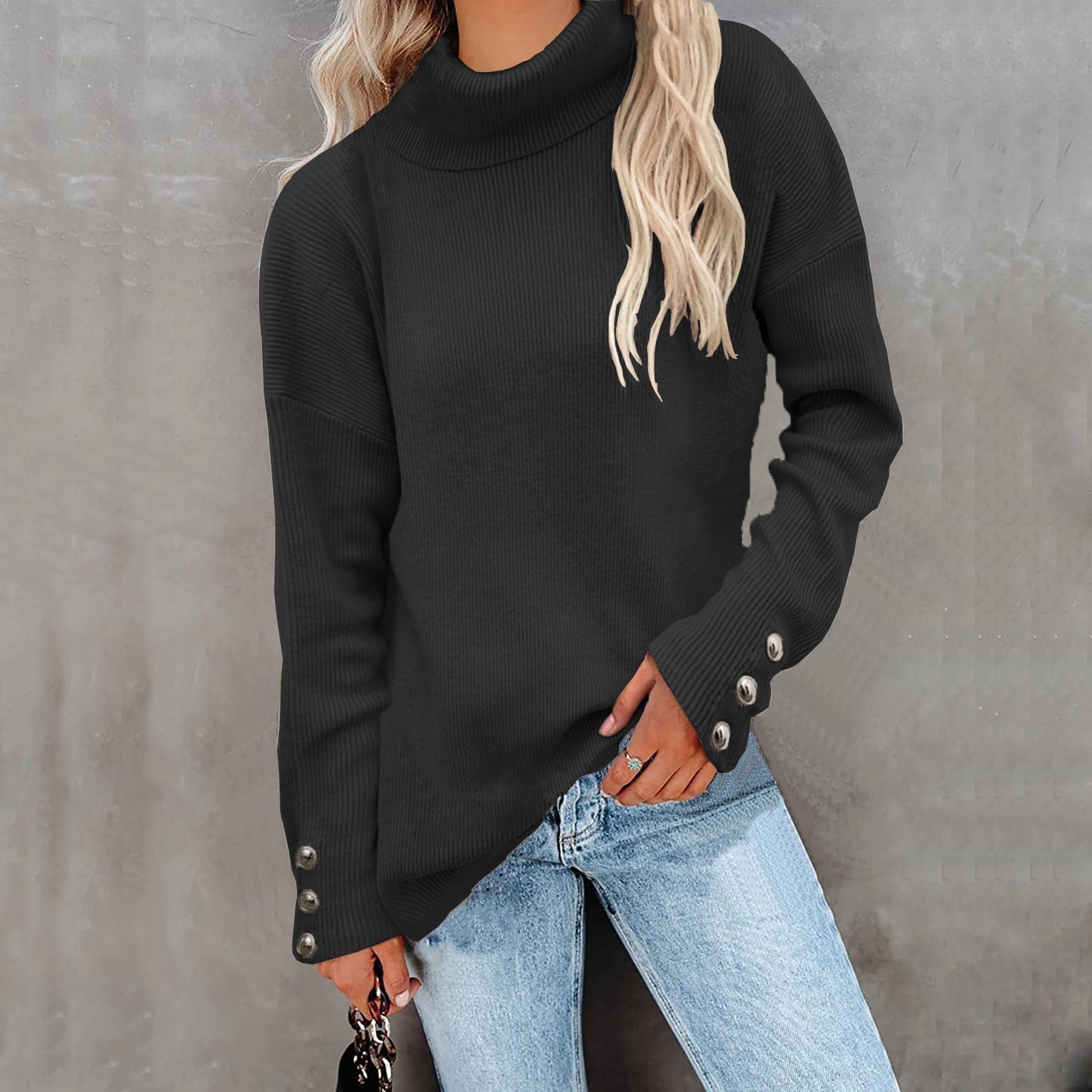 Lässiger Rollkragenpullover für Damen mit Knopfmanschetten 4