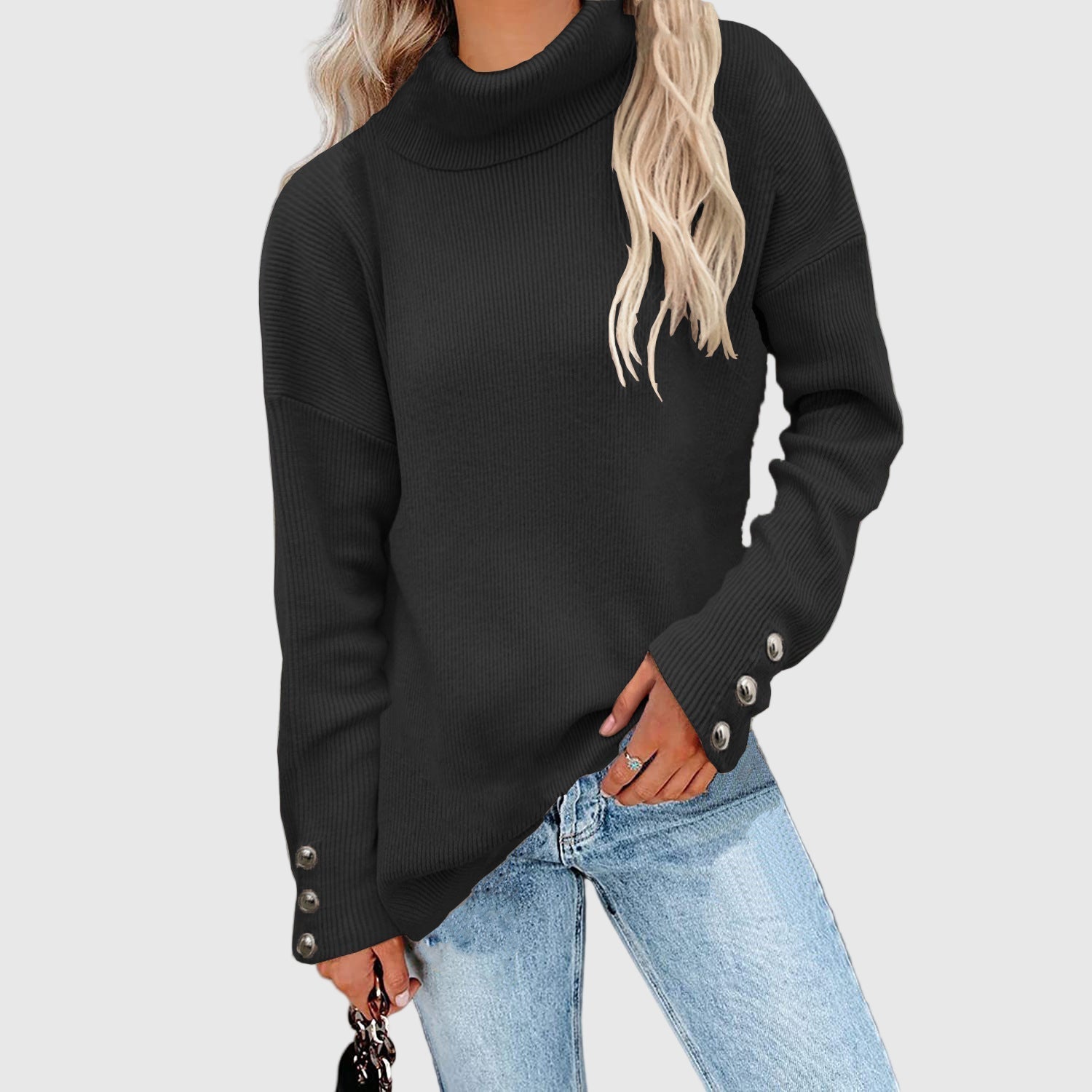 Rollkragenpullover für Damen mit Zierknöpfen | Lässiger