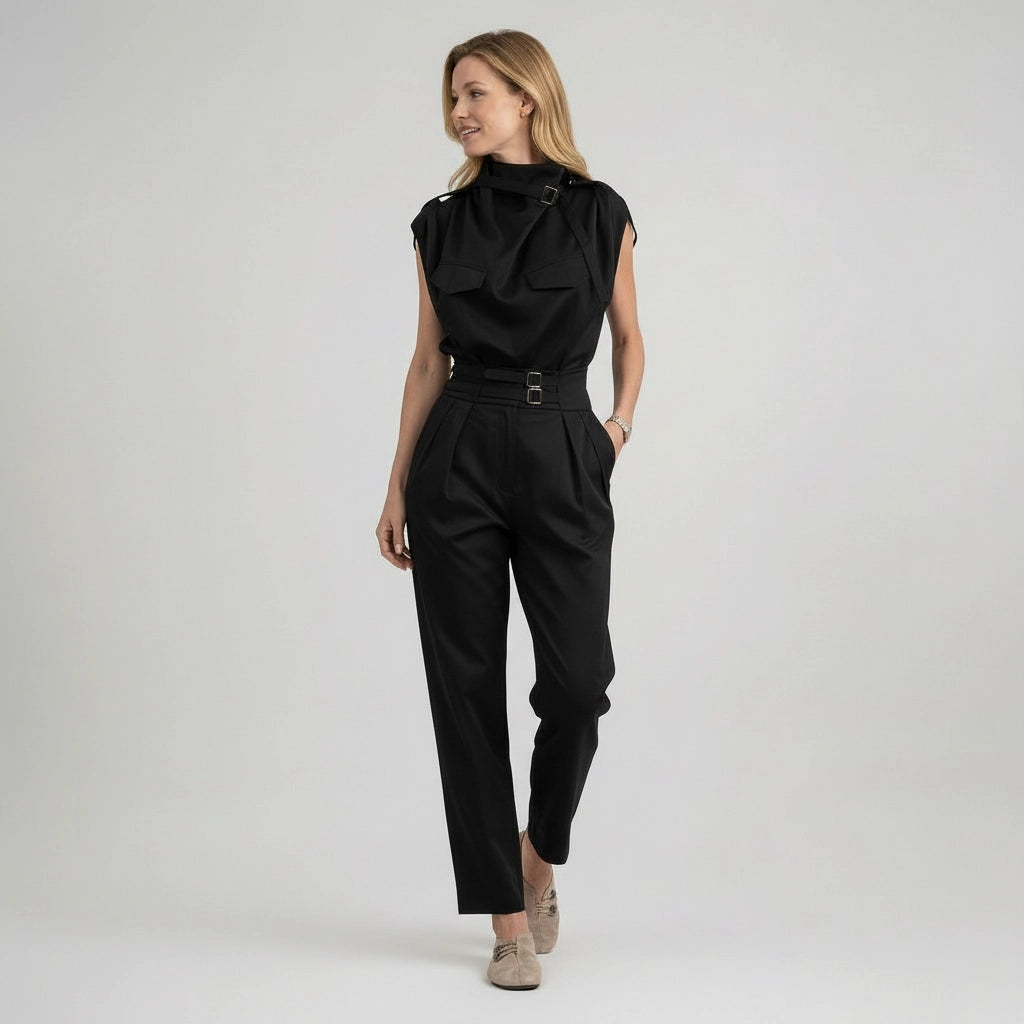 Tailliertes Damen Set aus ärmellosem Top und Hose mit hoher Taille im Jumpsuit Look