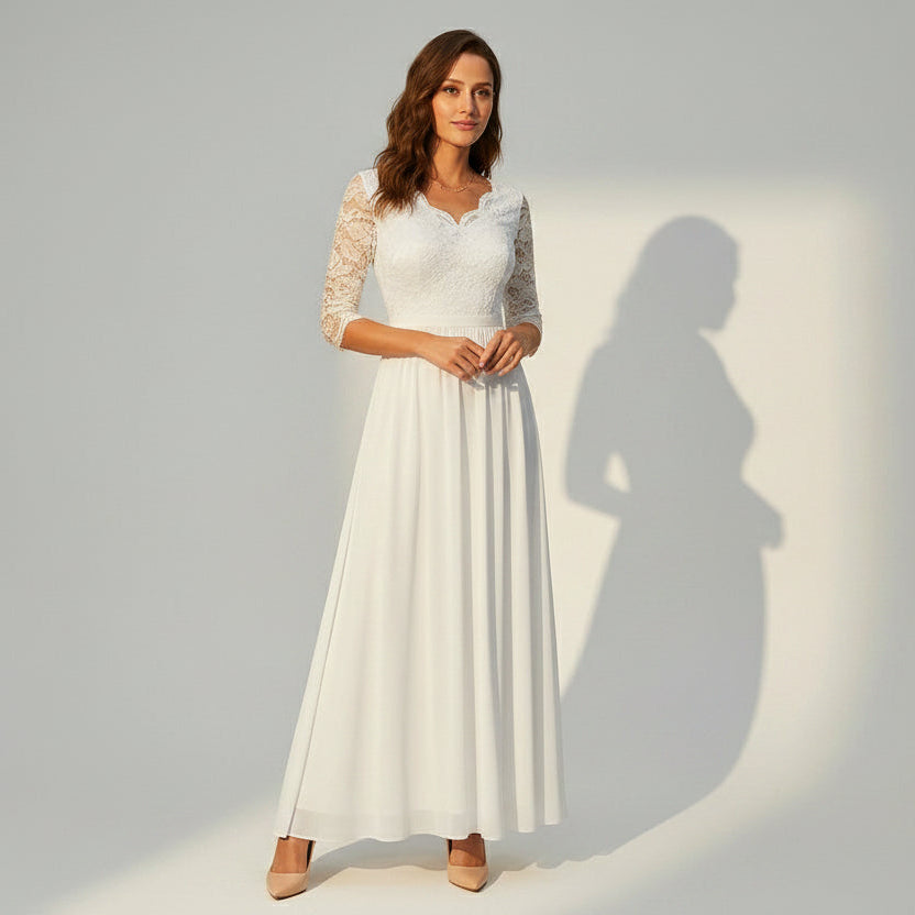 Langes Kleid für Damen aus Chiffon mit Spitze und 3/4 Ärmeln im Locker Fallenden Design