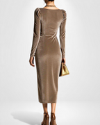 Langarm Samtkleid mit Drapiertem Ausschnitt und Schlitz - Midi