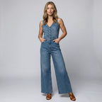 Damen Jeans Jumpsuit im ärmellosen Schnitt mit weitem Bein