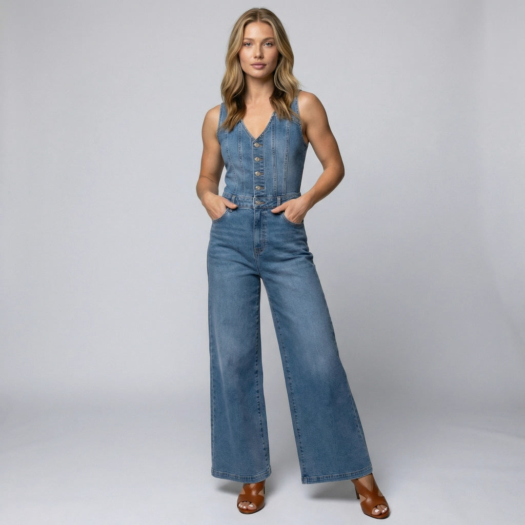 Damen Jeans Jumpsuit im ärmellosen Schnitt mit weitem Bein