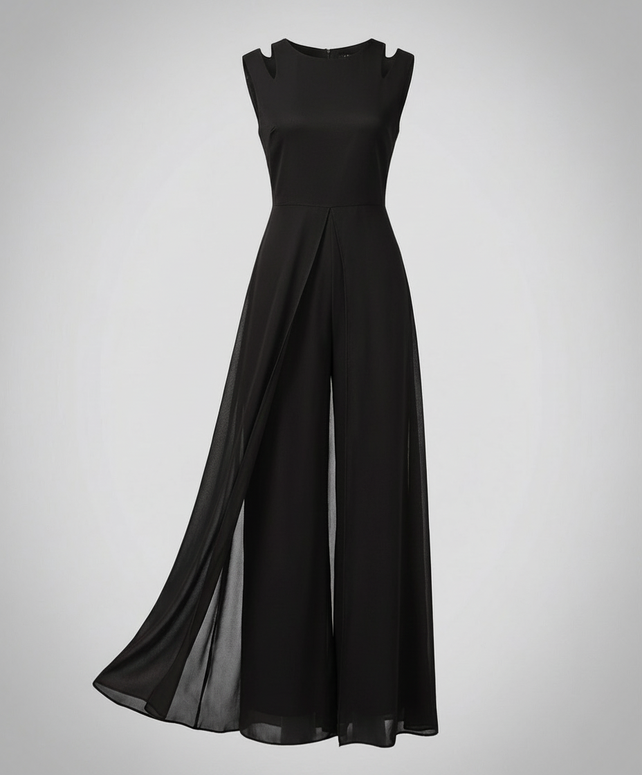 Ärmelloser Jumpsuit mit weitem Bein und fließendem Chiffon Überwurf im eleganten Schnitt