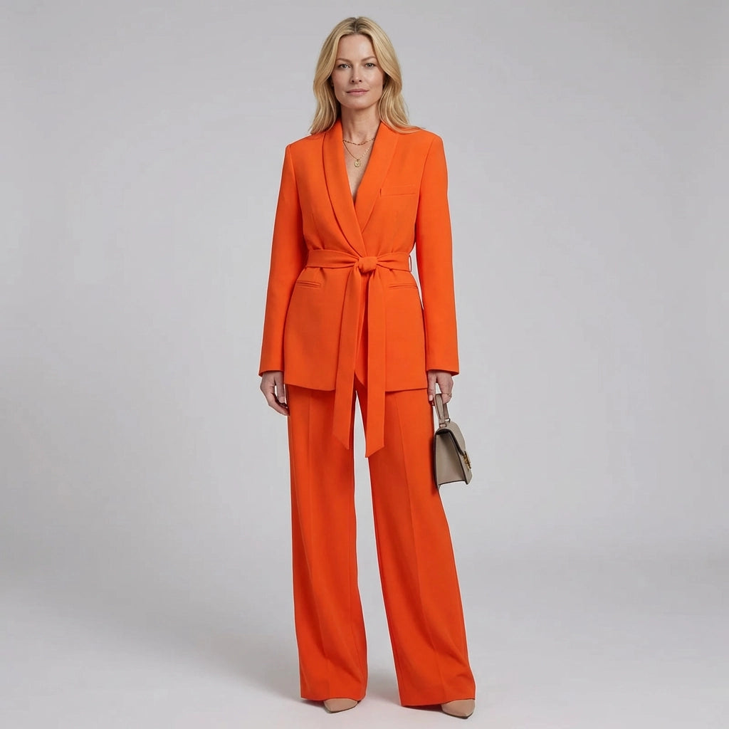 Hosenanzug für Damen aus tailliertem Longblazer mit Gürtel und gerader Hose