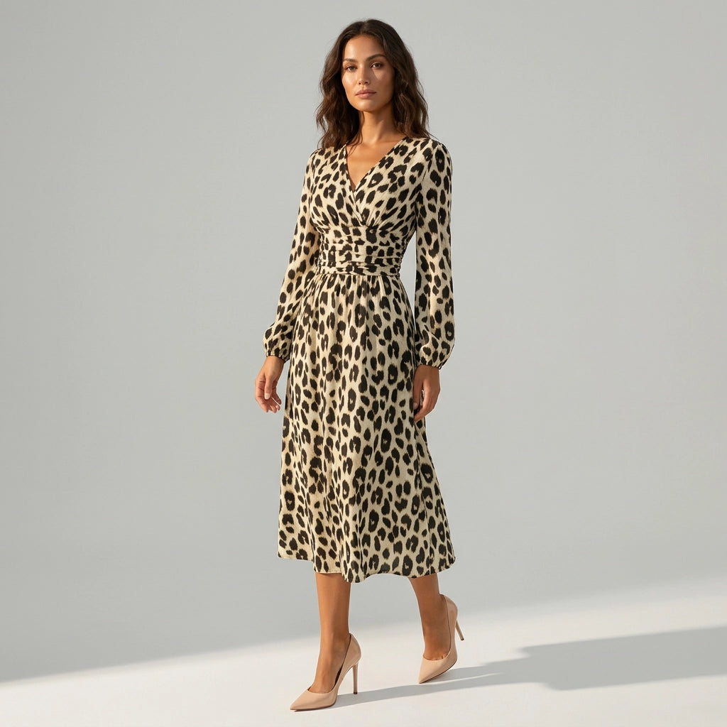 Sommerkleid mit Langarm in Midi Länge mit Leo Print