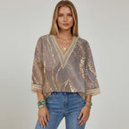 Bunte Damen Bluse mit V-Ausschnitt und 3/4 Ärmeln