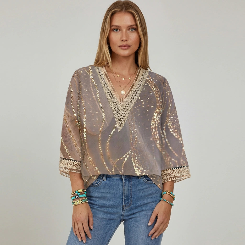 Bunte Damen Bluse mit V-Ausschnitt und 3/4 Ärmeln