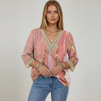 Bunte Damen Bluse mit V-Ausschnitt und 3/4 Ärmeln