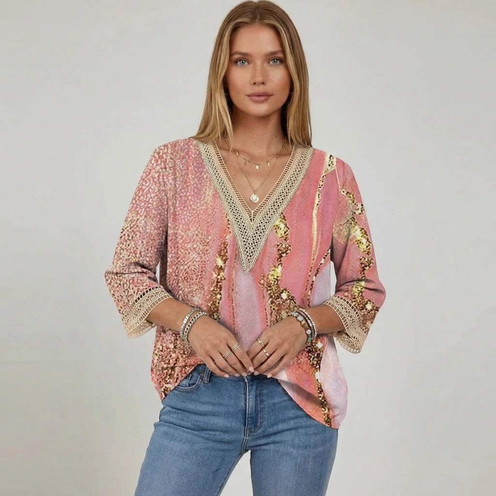 Bunte Damen Bluse mit V-Ausschnitt und 3/4 Ärmeln