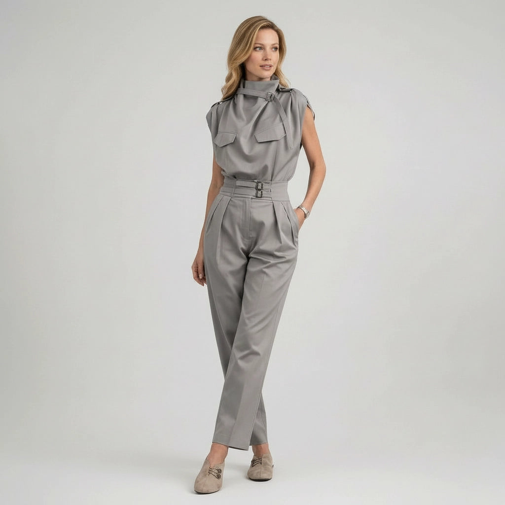 Tailliertes Damen Set aus ärmellosem Top und Hose mit hoher Taille im Jumpsuit Look