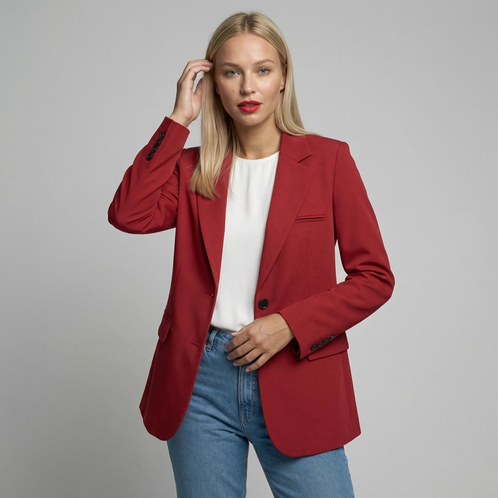 Langer Blazer für Damen mit zwei Knöpfen und Klappentaschen in einfarbigem Design