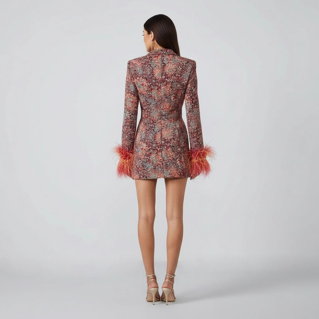 Blazerkleid mit V-Ausschnitt und Federn für Damen - mini