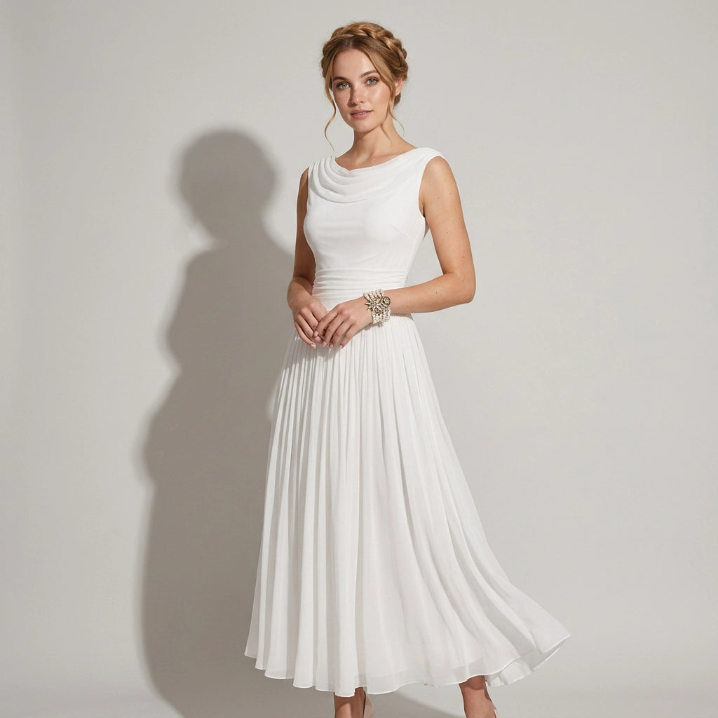 Plissiertes Midikleid für Damen als Hochzeitsgast mit Drapierung
