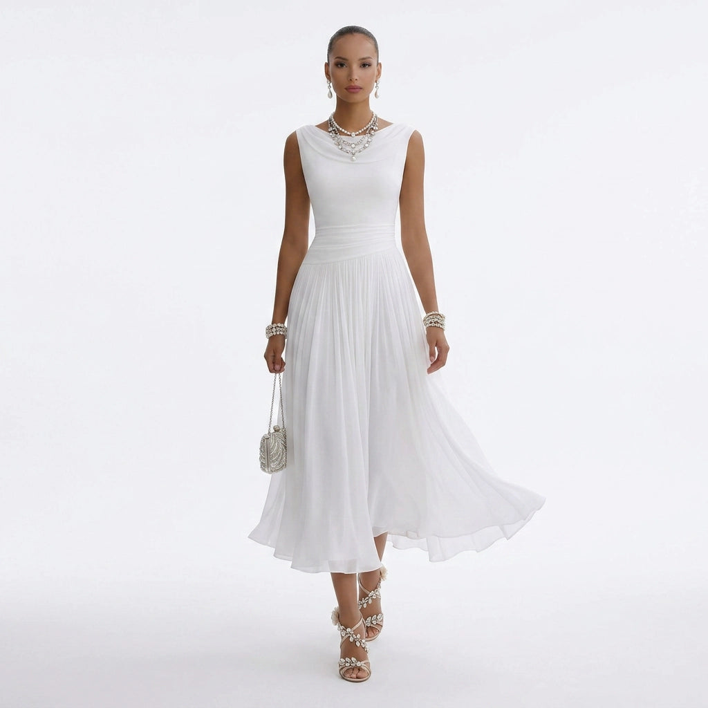 Plissiertes Midikleid für Damen als Hochzeitsgast mit Drapierung