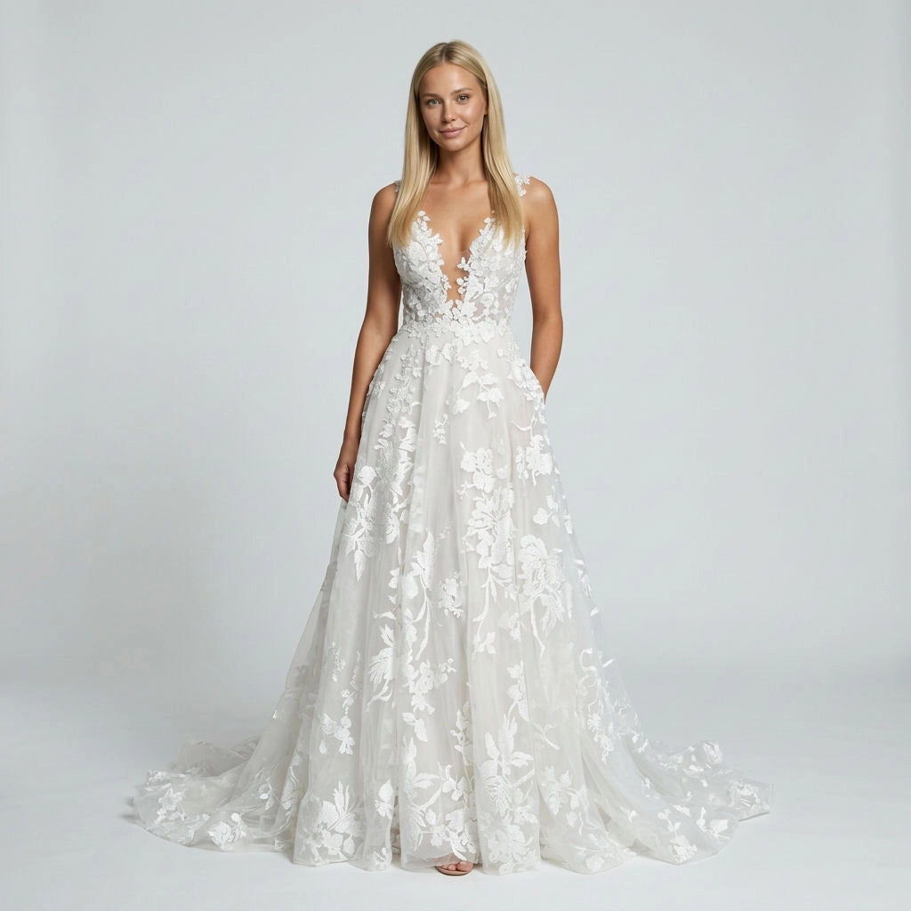 Brautkleid mit tiefem V-Ausschnitt im eleganten Design