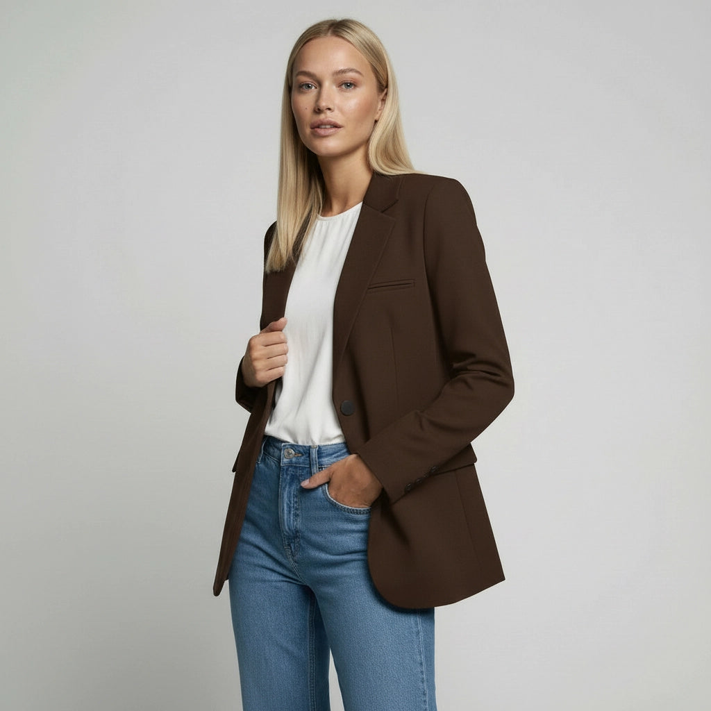 Langer Blazer für Damen mit zwei Knöpfen und Klappentaschen in einfarbigem Design