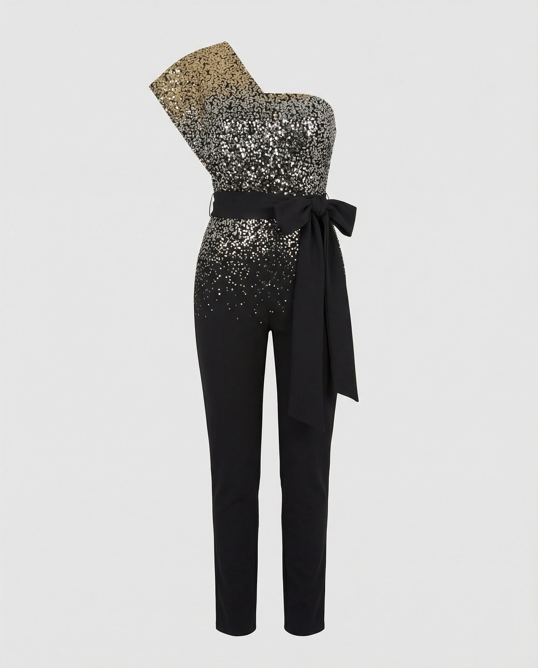 Eleganter Damen Jumpsuit im One Shoulder Schnitt mit Bindegürtel und weitem Bein