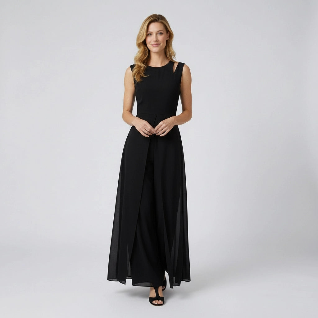 Ärmelloser Jumpsuit mit weitem Bein und fließendem Chiffon Überwurf im eleganten Schnitt