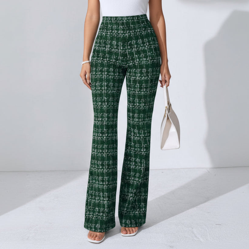 Elegante Schlaghose für Damen mit ausgestelltem Bein im Tweed-Look schwarz grün 1
