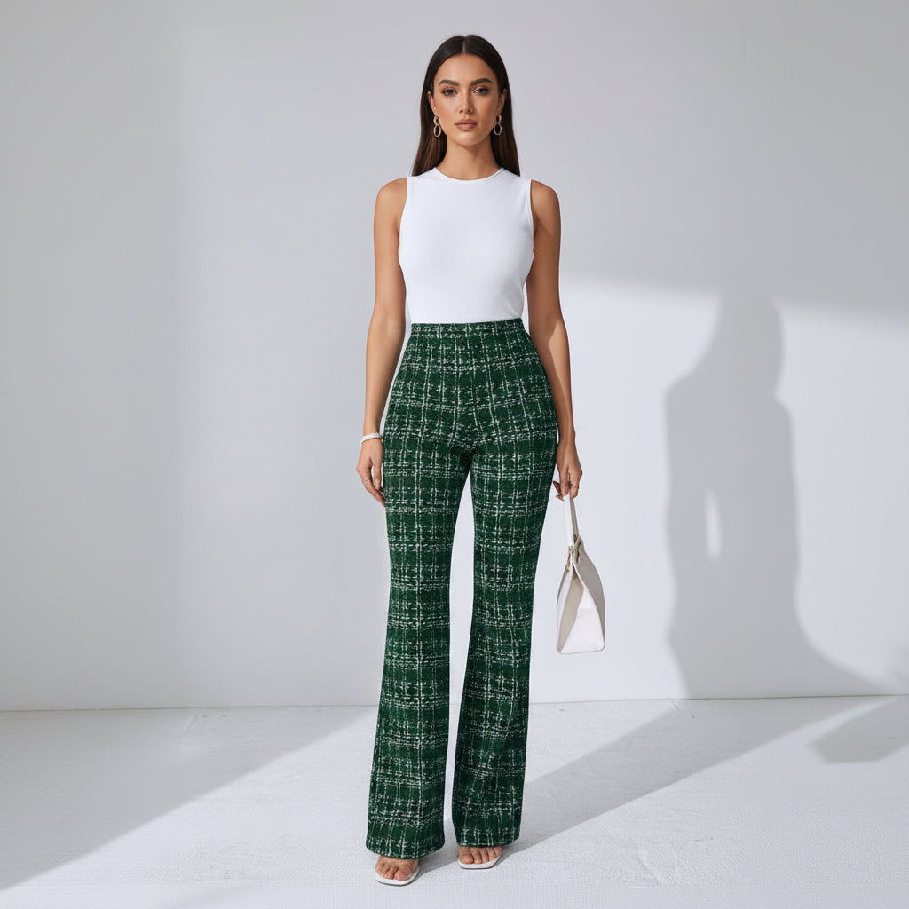 Elegante Schlaghose für Damen mit ausgestelltem Bein im Tweed-Look schwarz grün