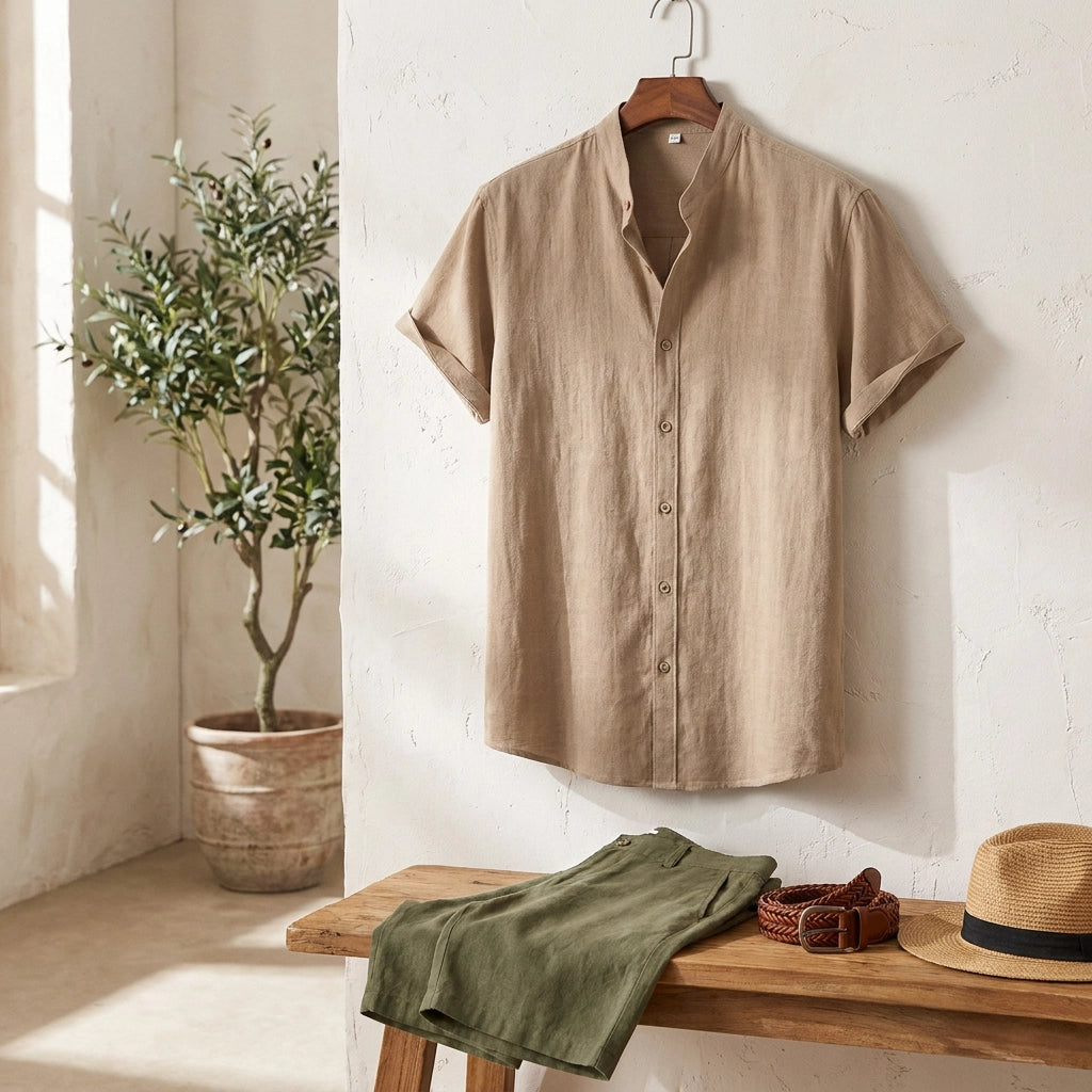 Sommer Hemd für Herren mit Kurzarm Sandbeige