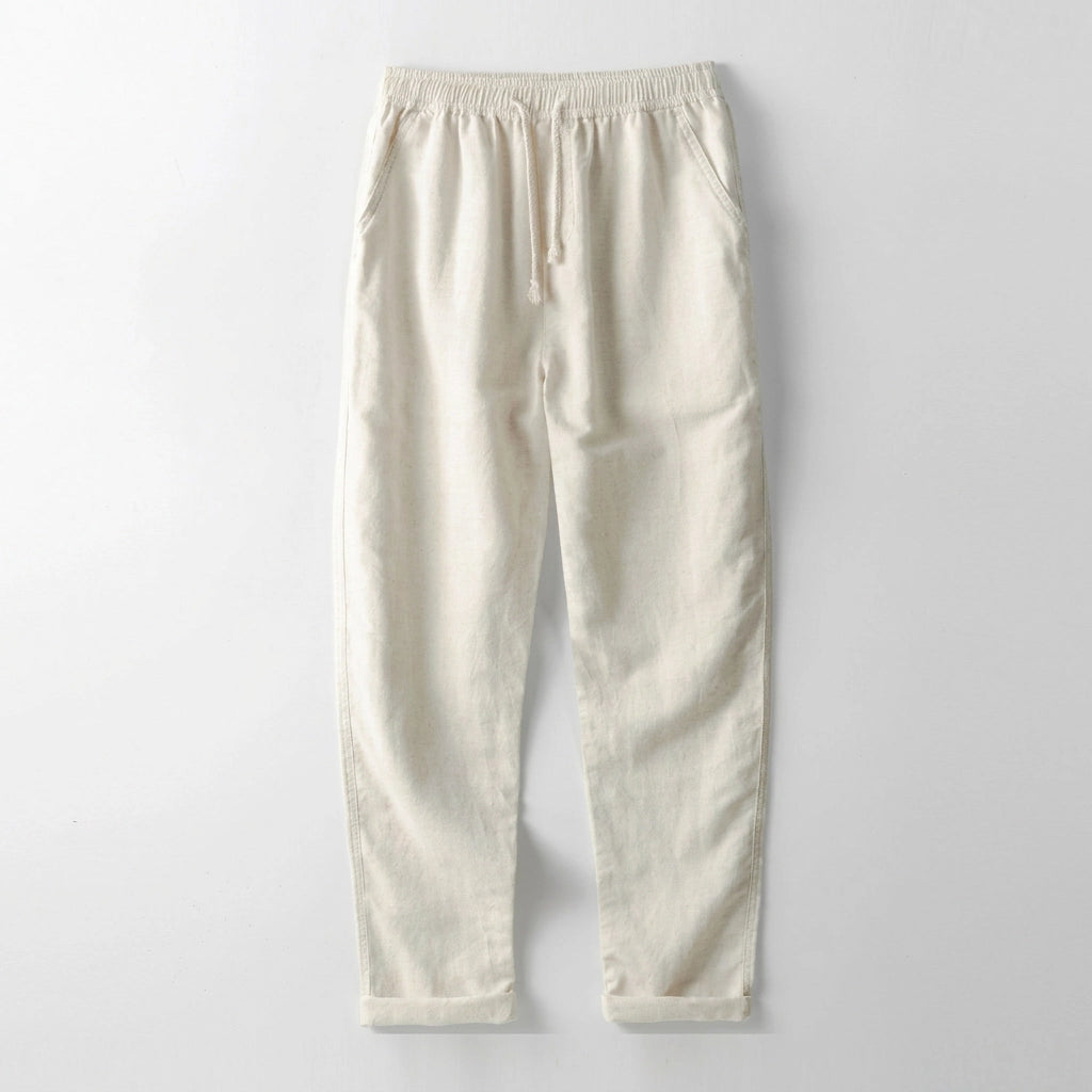 Weiße Leinenhose mit Gummibund und Kordelzug, Gesamtansicht