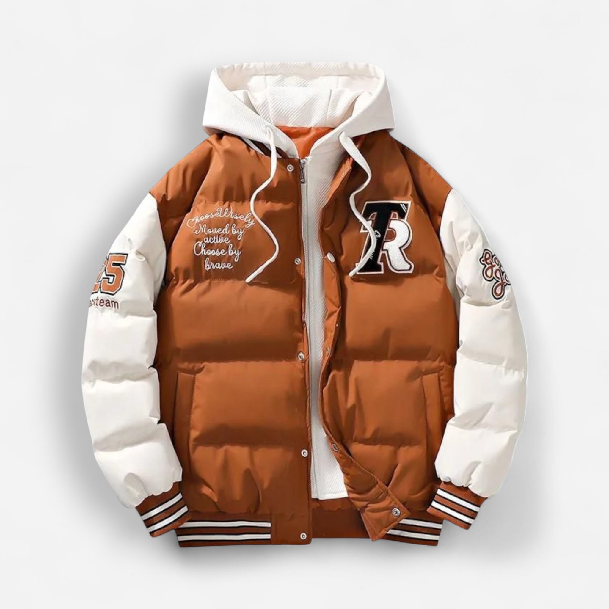 Sportliche Winterjacke für Herren mit Kapuze und gestreiften Bündchen und Saum