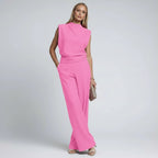 Weites Set im Jumpsuit Design mit Kurzarm Oberteil und Hohem Kragen