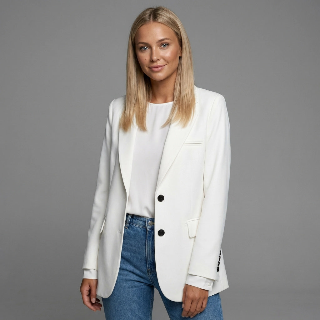 Langer Blazer für Damen mit zwei Knöpfen und Klappentaschen in einfarbigem Design