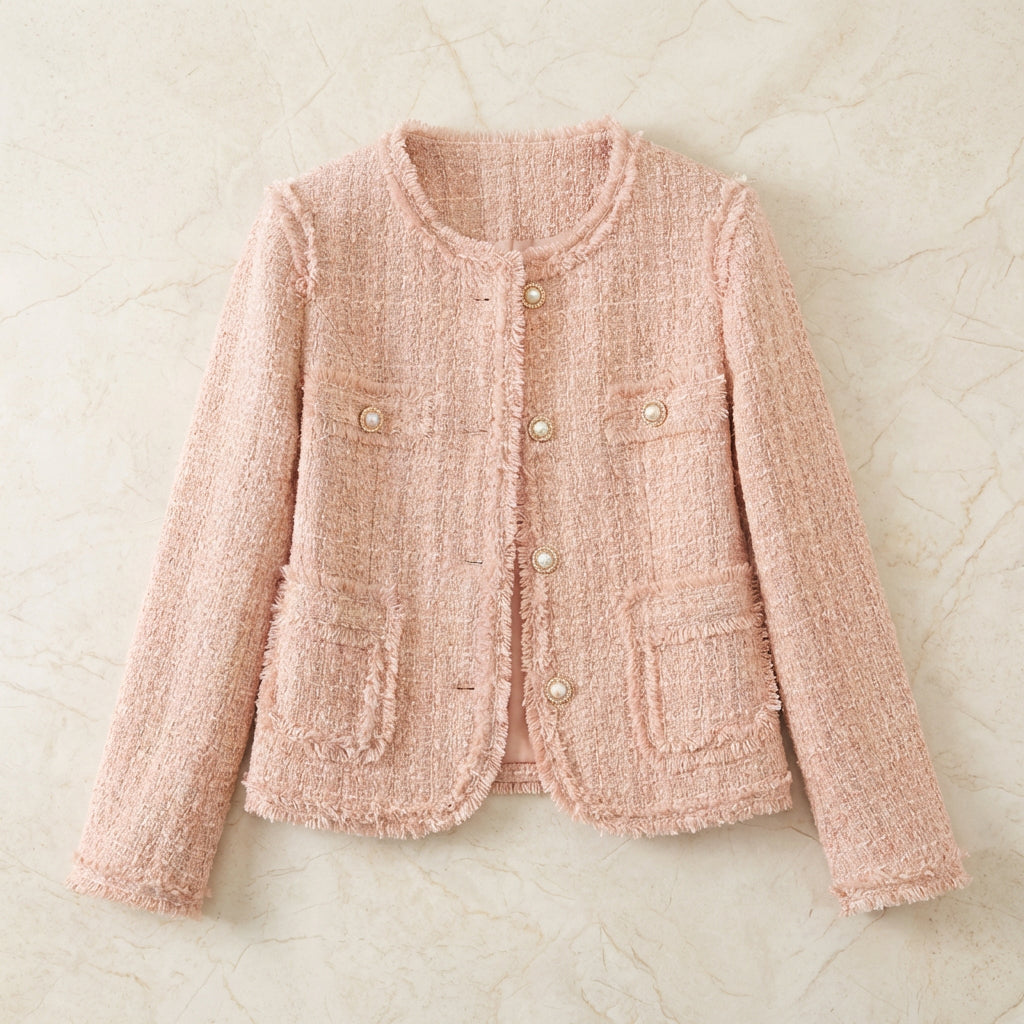 Kurze Tweed Jacke für Damen mit Brusttaschen und ohne Kragen
