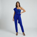 Eleganter Damen Jumpsuit im One Shoulder Schnitt mit Bindegürtel und weitem Bein