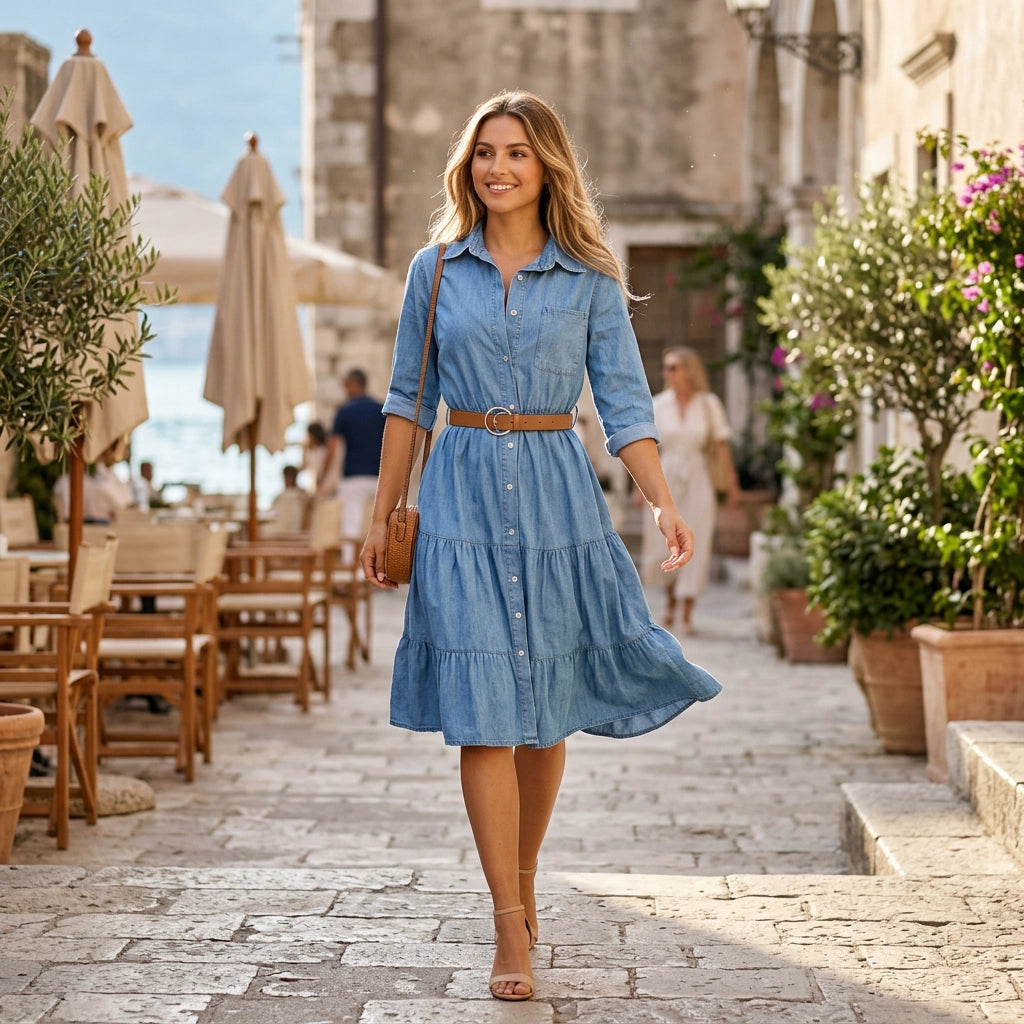 Hemdblusenkleid für Damen aus Denim in A-Linie mit Gürtel Blau 3