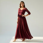 Langes Kleid für Damen aus Chiffon mit Spitze und 3/4 Ärmeln im Locker Fallenden Design