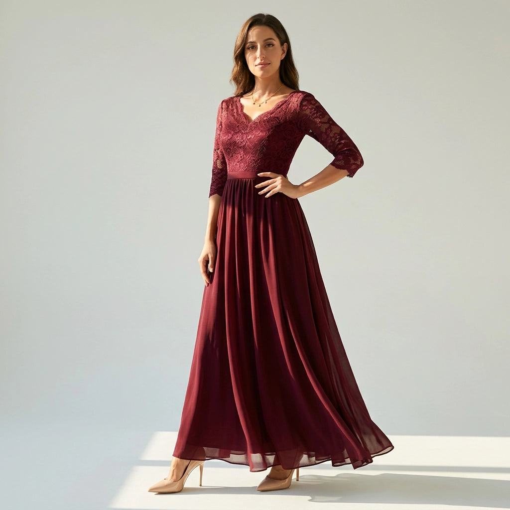 Langes Kleid für Damen aus Chiffon mit Spitze und 3/4 Ärmeln im Locker Fallenden Design