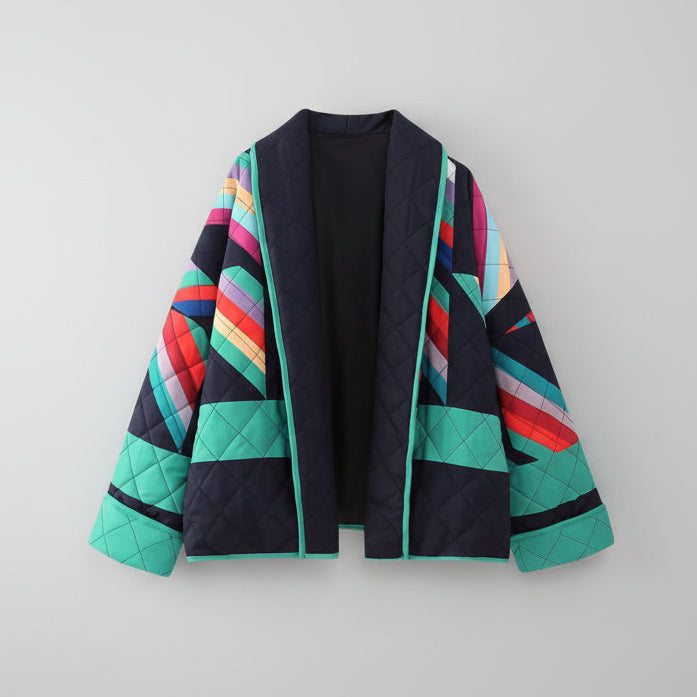 Bunte Steppjacke für Damen in Oversized Passform im Vintage Stil mit Schalkragen