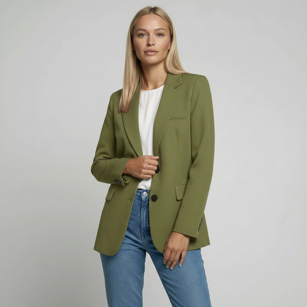 Langer Blazer für Damen mit zwei Knöpfen und Klappentaschen in einfarbigem Design