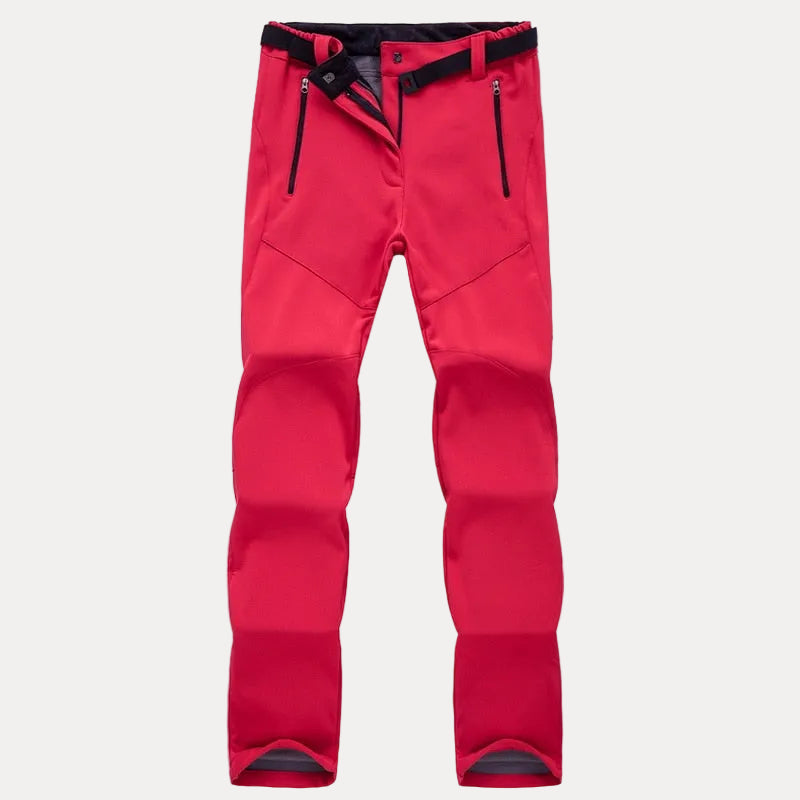 Damen-Wanderhose für Outdoor-Aktivitäten mit schwarzen Reißverschlüssen und Gürtel orange-rot