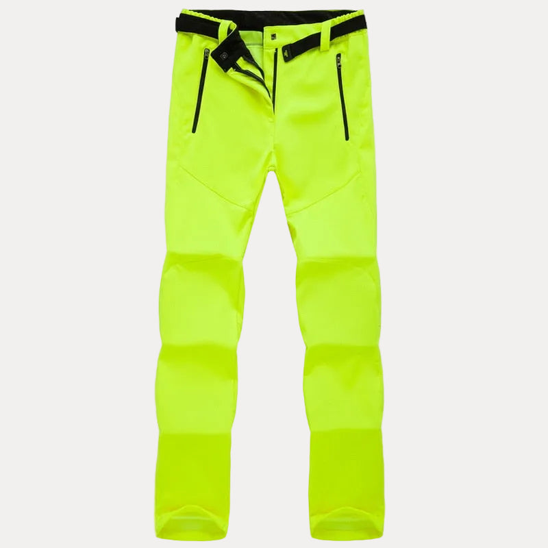 Damen-Wanderhose für Outdoor-Aktivitäten mit schwarzen Reißverschlüssen und Gürtel gelb