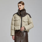 Kurze Puffer Damenjacke in Lederoptik mit hohem Kragen