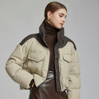 Kurze Puffer Damenjacke in Lederoptik mit hohem Kragen