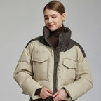 Kurze Puffer Damenjacke in Lederoptik mit hohem Kragen