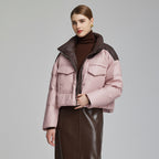 Kurze Puffer Damenjacke in Lederoptik mit hohem Kragen