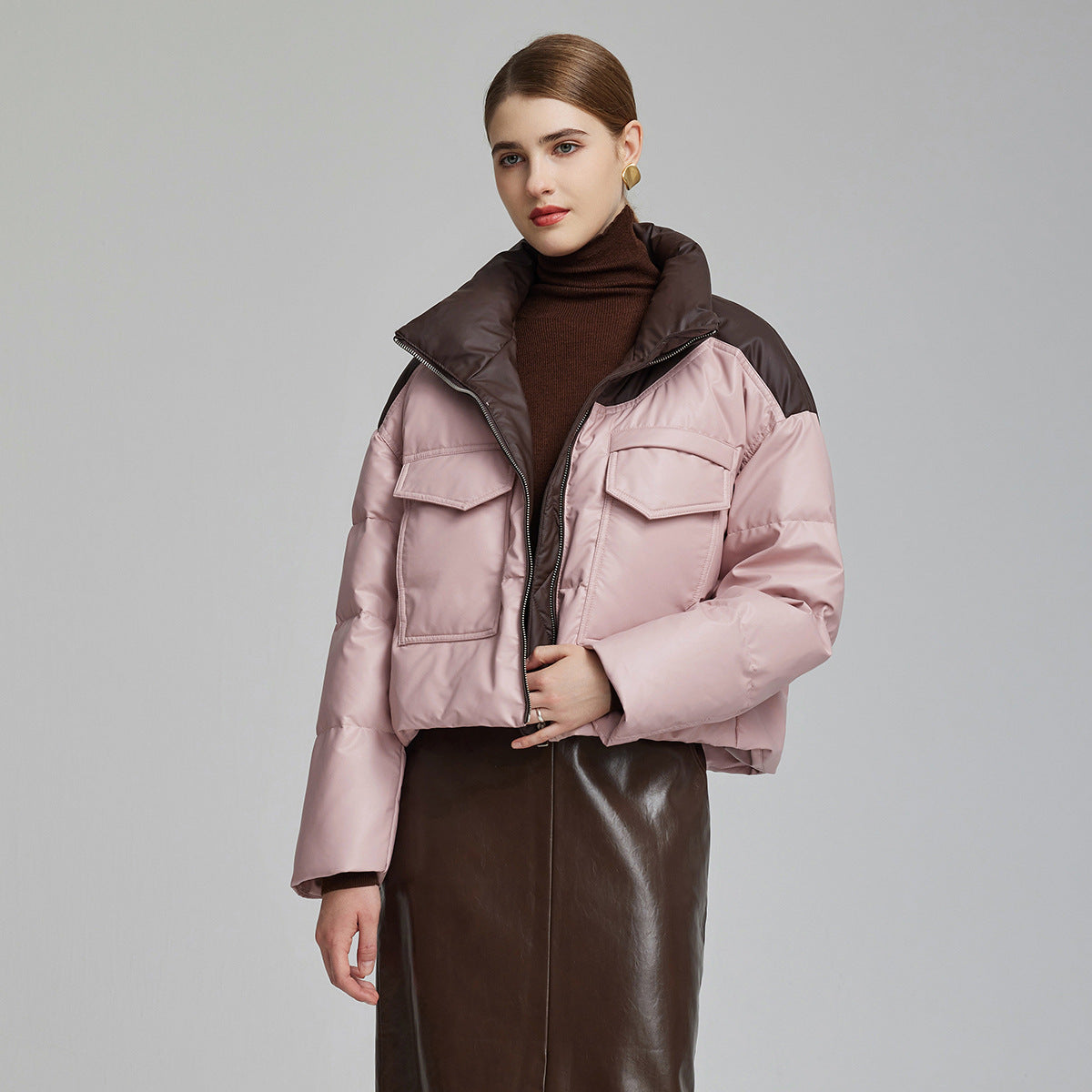 Kurze Puffer Damenjacke in Lederoptik mit hohem Kragen