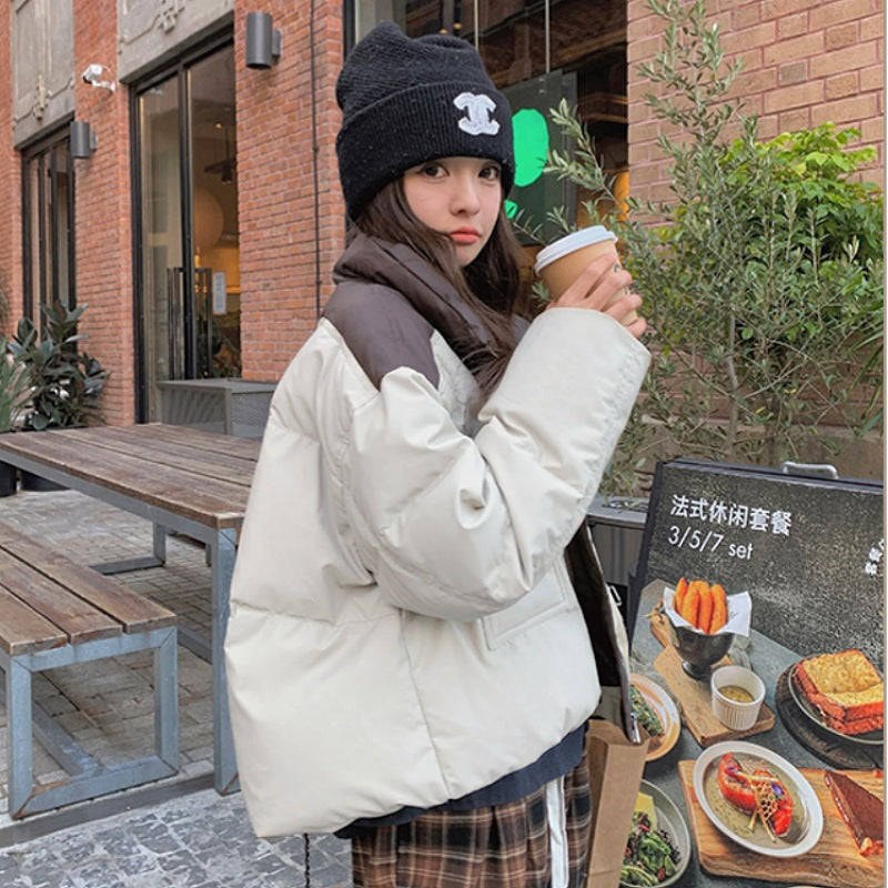 Kurze Puffer Damenjacke in Lederoptik mit hohem Kragen