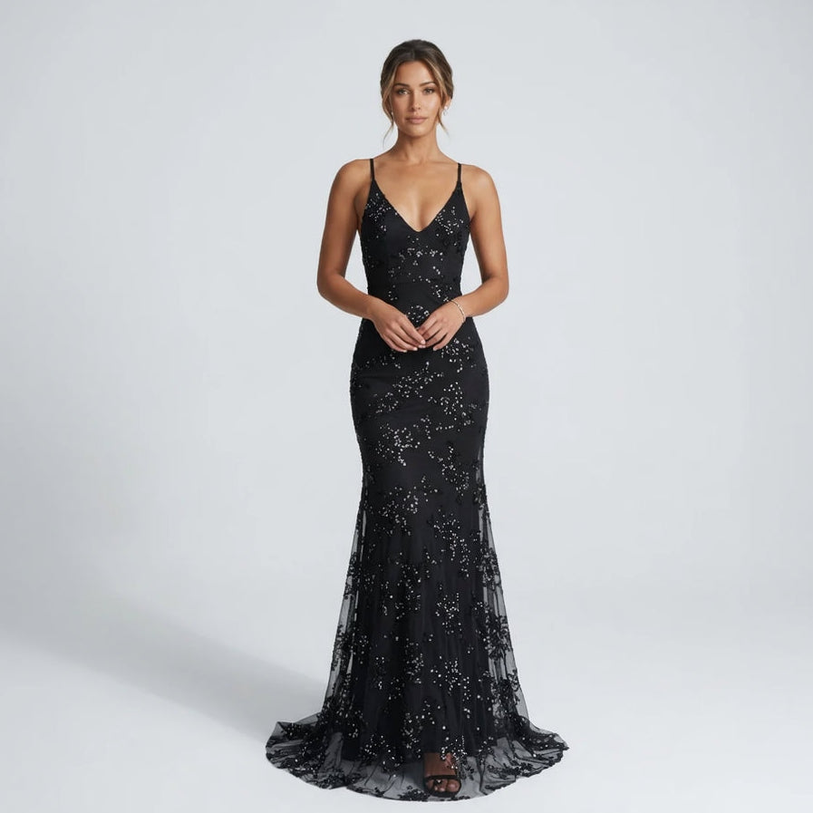 Rückenfreies Abendkleid mit Glitzer Applikationen im Meerjungfrau Stil