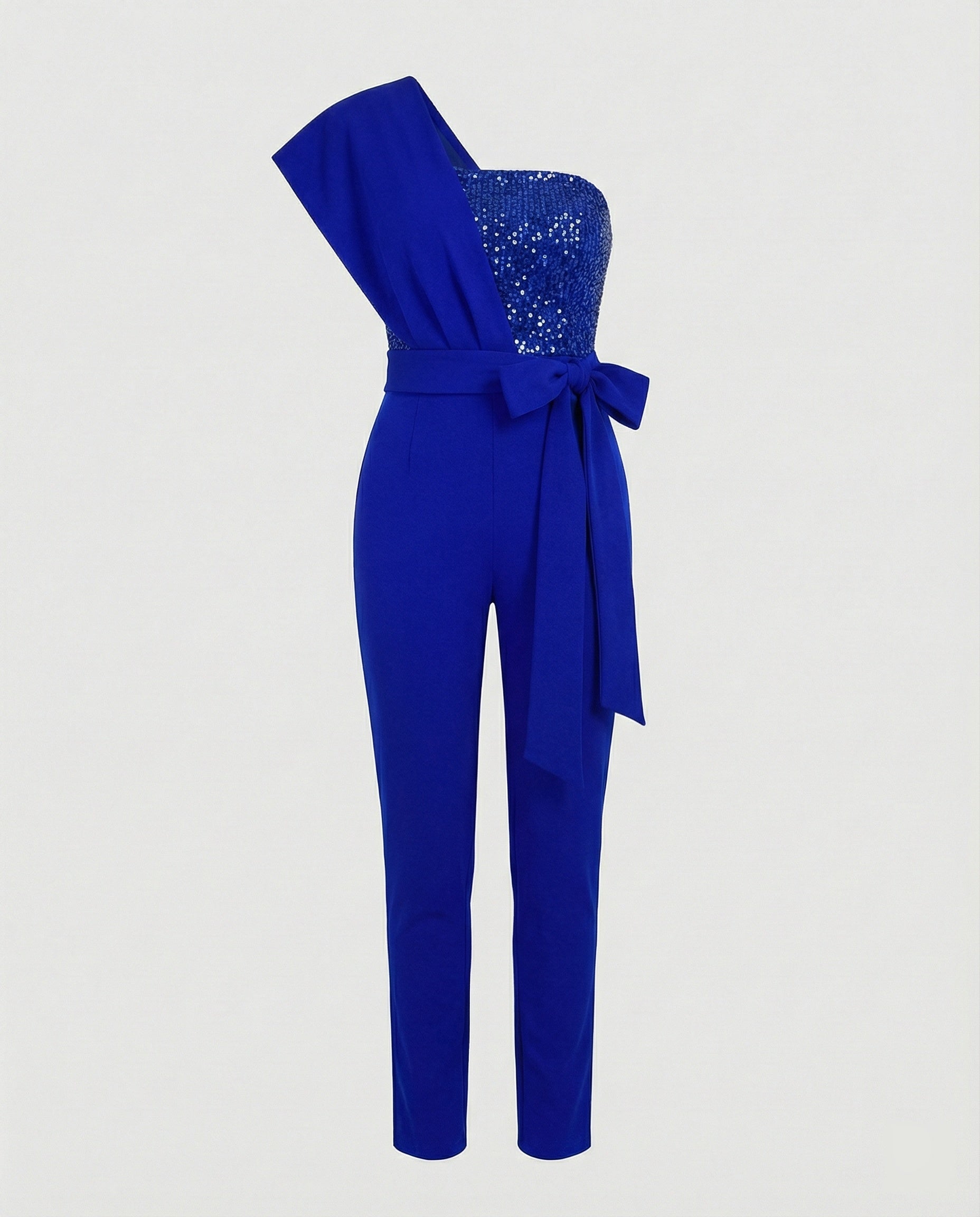 Eleganter Damen Jumpsuit im One Shoulder Schnitt mit Bindegürtel und weitem Bein